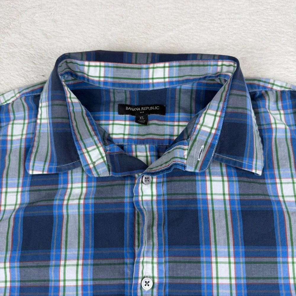 Banana Republic Mens XL‎ Blue Green Plaid Short Sleeve Button Down Shirt